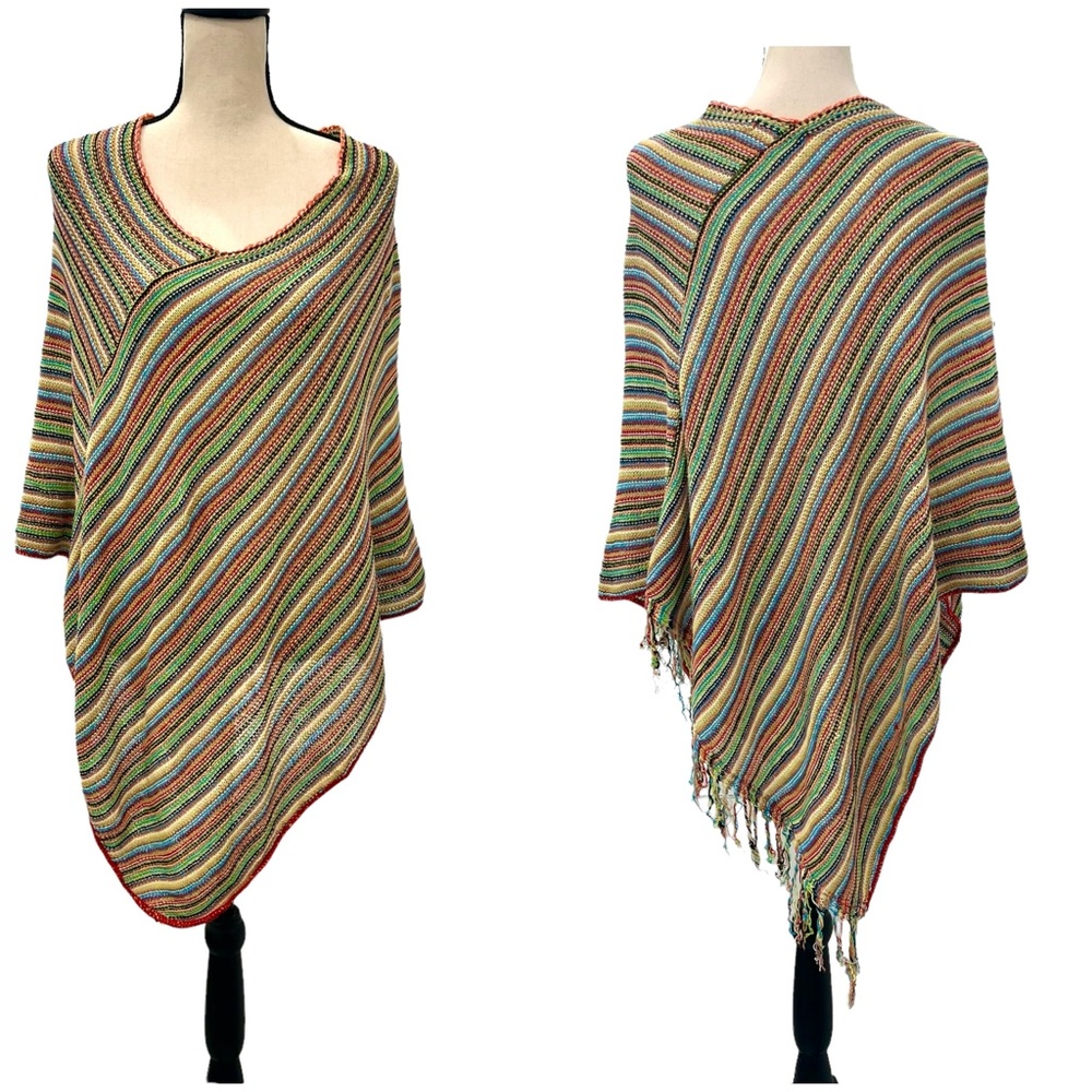 RELAIS KNITWEAR MULTICOLOR STRIPED KNIT PONCHO WITH FRINGE